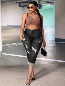 SHEIN SXY Cộng với kích thước tua rua cạnh cuộn quần jean Capri thông thường - màu đen - Xem 4