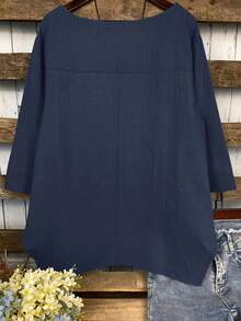 女士簡約純色寬鬆長袖休閒襯衫 - 藏蓝色 - 查看 2