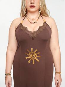 ROMWE Hippie Plus Size Kỳ nghỉ hè Áo dài thêu ren có đường viền cổ chữ V - màu nâu - Xem 2