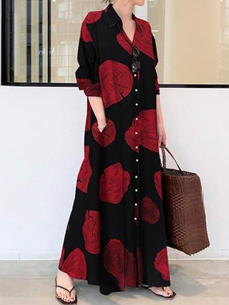 女式衬衫领单排扣印花休闲日常连衣裙 - 彩色 - 查看 1