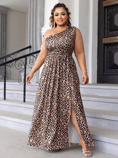 Joyfunear Plus Size Leopard Print Slit Hem Vacation Dress