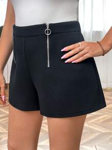 SHEIN Clasi Plus Size Women Fashionable Decorative Zipper Black Shorts