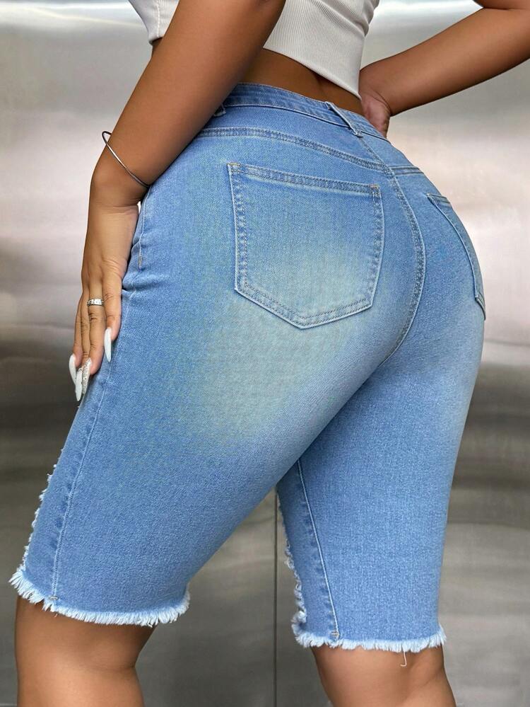 Women Casual Denim Shorts With Ripped Holes, Frayed Hem, And Pockets