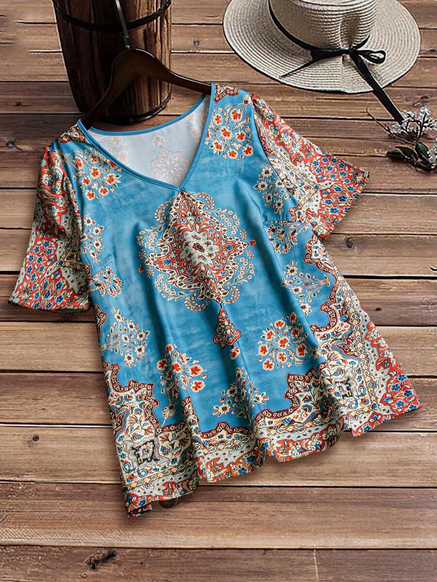 SHEIN LUNE Vintage Vacation Casual Short Sleeve Printed Shirt Plus Size - Multicolor - View 1