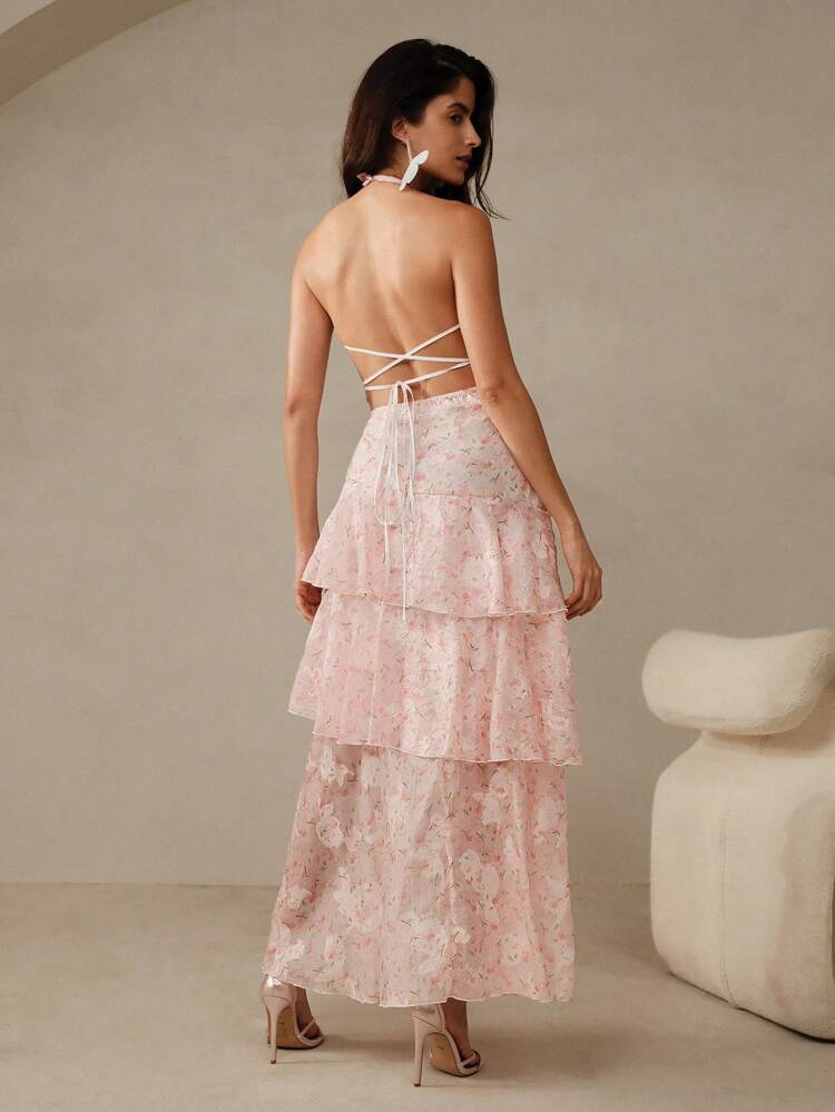 Romantic Vacation Layered Ruffle Pink V-Neck Backless Bow-Tie 3D Floral Print Fabric Dress For Women