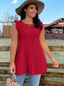 Calvaya Plus Size Women Solid Color Round Neck Flutter Sleeve Loose Pleated Blouse, Summer