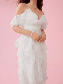 Enchnt 女士夏季優雅長裙，純色拼接，多層荷葉邊設計 - 白色 - 查看 8