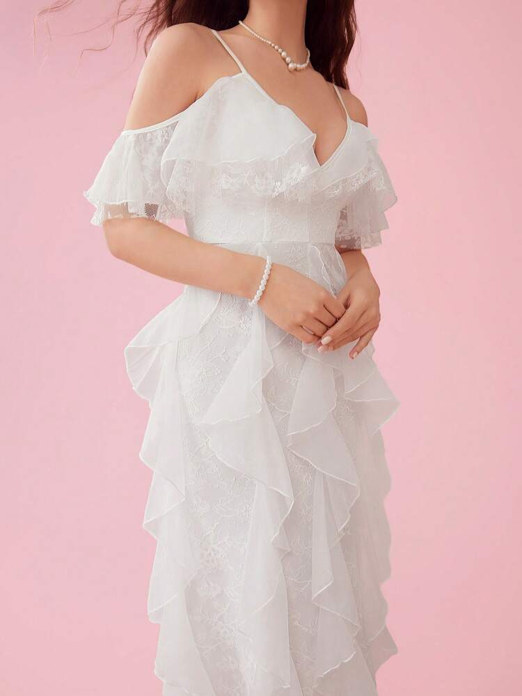 Vestido Longo Feminino de Verão, Elegante, Cor Sólida com Patchwork de Babados em Múltiplas Camadas