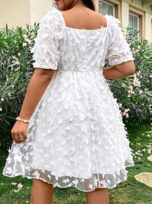 Sunnyshic Plus Size Mùa Hè Lãng Mạn Bướm Đính Lưới Người Yêu Cổ Áo Đầm Tay Ngắn - trắng - Xem 2