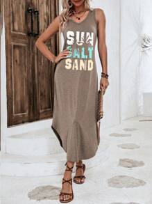 Calvaya Vacation Style Printed Knit Dress With Sleeveless Tank Top, For Beach And Summer - Mocha Brown - View 5