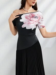 Modelyn Women Elegant Floral Printed Long Asymmetrical Collar Dress With Pleated Hem For Spring And Summer Long Evening Dresses - Black - View 5