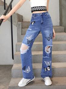Garota Adolescente Estampas De Borboletas Jeans Rasgado