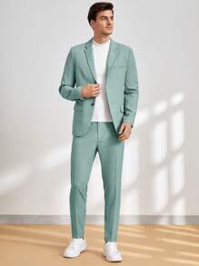 Manfinity VCAY Men Spring And Autumn Solid Color Stand Collar Long Sleeve Single Breasted Suit Jacket And Pants Daily Casual And Commuting Two Pieces Set - Green - View 4
