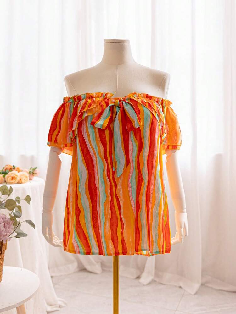 Holiday Colorful Striped Off Shoulder Bowknot Plus Size Top