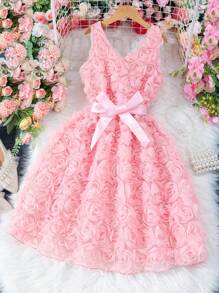 Vestido sin mangas con cuello en V y decoración de flor 3D para niñas preadolescentes - Rosa - Ver 7