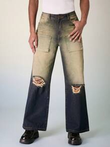 Manfinity Roghcode Men Retro Nostalgic Neutral Style Wide Leg Jeans - Dark Wash - View 6
