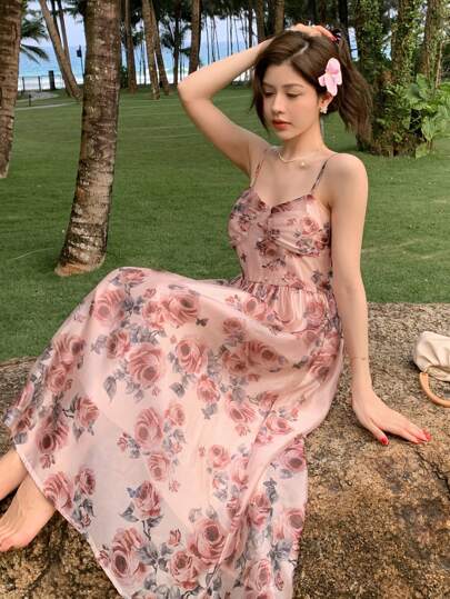 DAZY 女士雪纺印花吊带连衣裙 邮轮度假女装 吊带裙 度假装 女士碎花波西米亚风