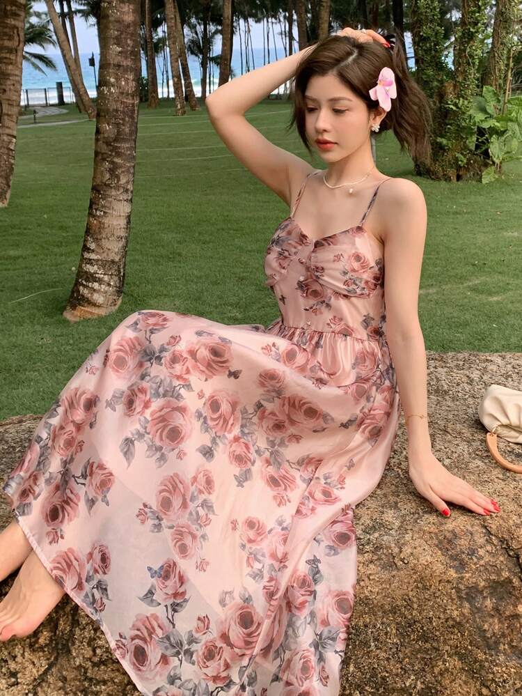 Women Chiffon Printed Spaghetti Strap Dress Cruise Women Outfits Sundress Vacation Outfits Women Floral Boho
