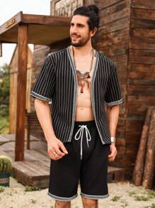 Genlund Men Summer Striped Open Front Short-Sleeved Shirt And Shorts Casual Holiday Set - Black - View 5