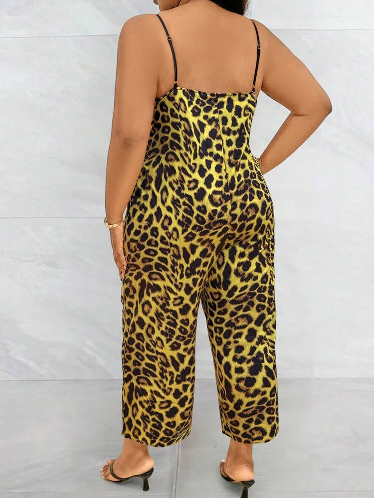 Plus Size Women Leopard Print Wide Leg Jumpsuit With Spaghetti Straps For Summer Casual Wear