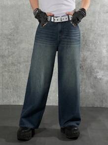 Manfinity Denimwave Y2K Streatwear 休闲时尚男士复古重洗牛仔裤，色块设计，宽腿剪裁，完美的街头风格，适合追求复古魅力和独特外观的前卫男士。 - 水鴨藍 - 查看 1