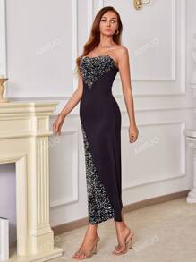 Vestido elegante de cóctel ajustado con lentejuelas y parches en malla sin tirantes para mujer, vestido formal de gala