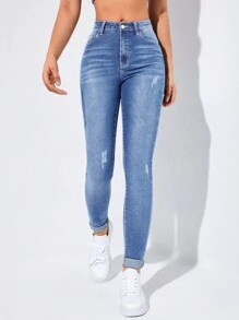 Flexra 高腰破洞緊身牛仔褲 - 淺色水洗藍 - 查看 3