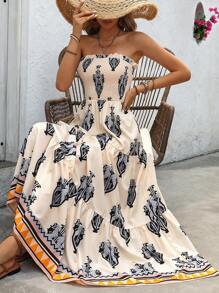 SHEIN VCAY Women Strapless Printed Elegant Dress With Bust Pleats Design