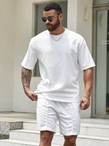 Manfinity Homme Men Plus Size Solid Color Short Sleeve T-Shirt And Shorts Set - White - View 1