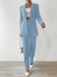 Chiquease Solid Color Double-Breasted Long Sleeve Suit Jacket And Trousers Set - Baby Blue - View 1