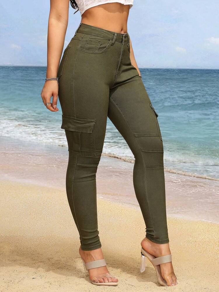 Women Denim Workwear Pocketed Daily Casual Long Pants