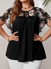 SHEIN CURVE+ Camisa negra para mujer de talla grande con estampado floral primaveral y bloqueo de colores, con lazo, para el verano