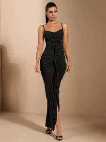 SHEIN BAE Tight Ruched Sexy & Elegant Front Ruffle Decor Long Dress For Women With Chest Cup