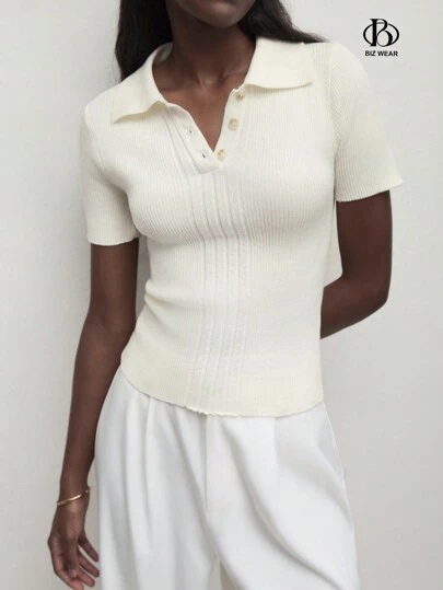 BizChic Women's Elegant Collared Half-Placket Short Sleeve Knit Sweater, Versatile For Urban Commute, Business, Casual Wear