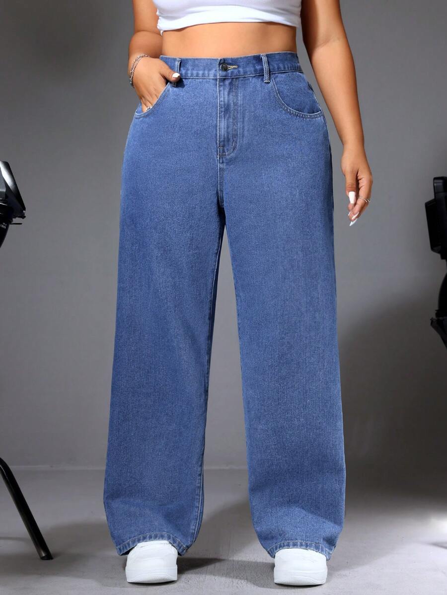 SHEIN ICON Plus Size Women Loose Fit Wide Leg Daily Casual Jeans With Pockets - Medium Wash - View 1