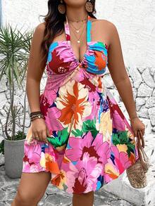 SHEIN Holidaya Plus Size Summer Floral Printed Halterneck Backless Dress For Vacation - Multicolor - View 4