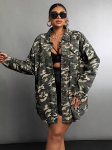SHEIN SXY 女性加大碼迷彩印花鬆身休閒牛仔外套，適用於春季/秋季 - 綠色 - 查看 6