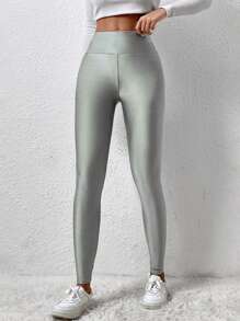 SHEIN EZwear Mallas largas de talle alto, estilo casual y brillante en color plata para tallas grandes