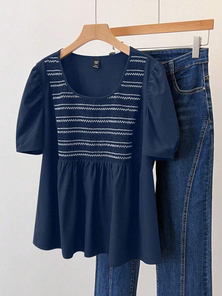 Women Plus Size Striped/Printed Loose-Fit Short Sleeve Round Neck Holiday Shirt Peplum Top, For Summer