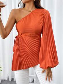 SHEIN Privé Women Simple And Elegant Solid Color One Shoulder Blouse With Hollow-Out Waist, Asymmetric Hemline And Pleated Design For Summer Spring - Orange - View 1
