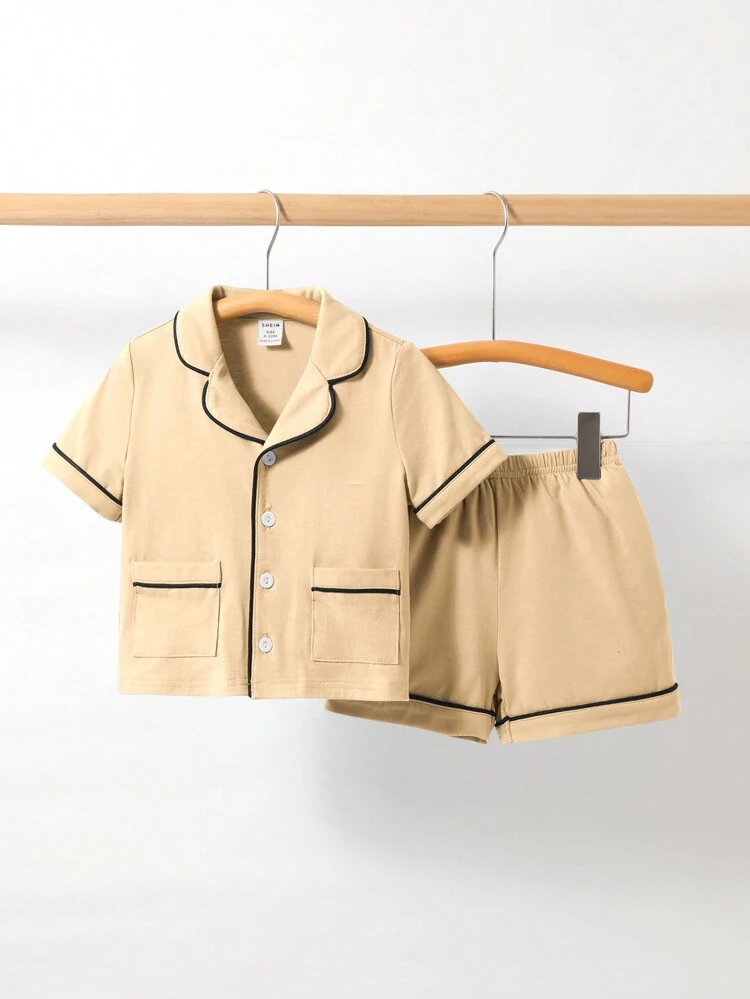 Baby Boy Baby Girl Color-Block Collared Button-Up Short-Sleeve Top And Casual Shorts Two-Piece Set