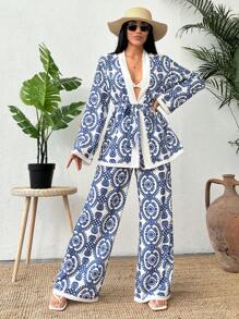 Women Holiday Plant Printed Kimono Style Open Front Long Sleeve Top And Wide Leg Pants Two Piece Set - Blue - View 2