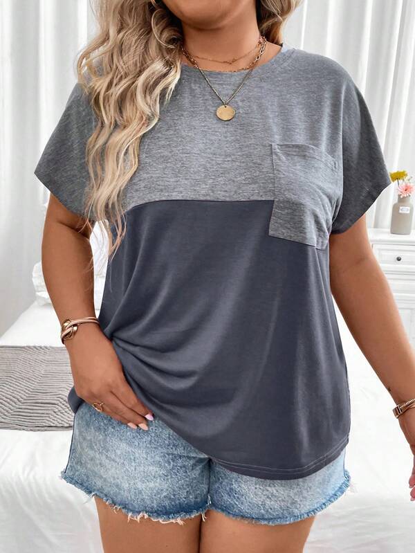 EMERY ROSE Plus Size Summer Casual Colorblock Batwing Sleeve T-Shirt Graphic Tees Women Tops