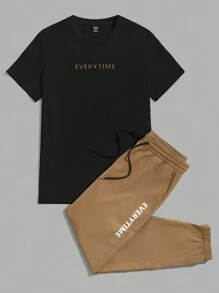 Manfinity VCAY Round Neck Letter Print Short Sleeve T-Shirt And Drawstring Knit Casual Pants Set, 2pcs Summer Outfit - Multicolor - View 1