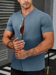 Manfinity Homme Men Fashionable Solid Button-Up Shirt, Casual Loose Fit - Dusty Blue - View 3