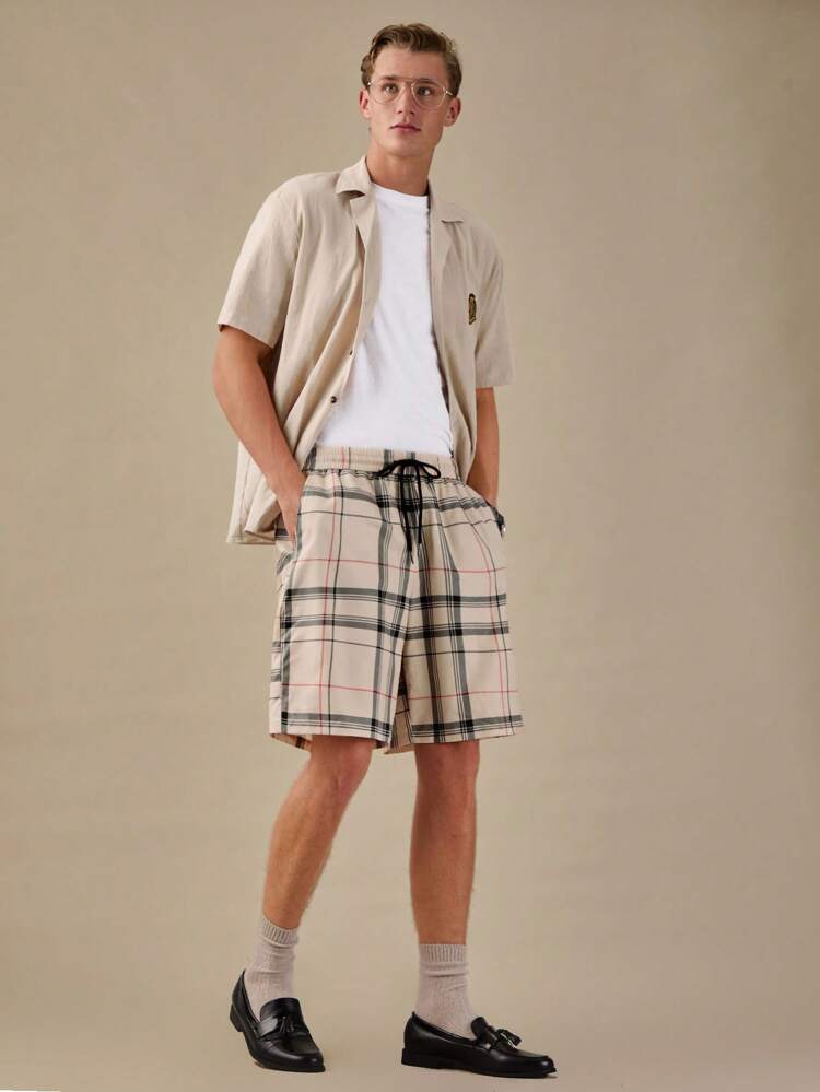 Men Summer Casual Patchwork Short Sleeve Shirt & Plaid Shorts Set,Back To School