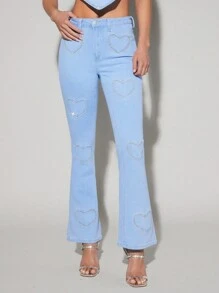 Forever 21 Women's Y2k Heart Shaped Rhinestone Decoration Jeans - Blue - View 5