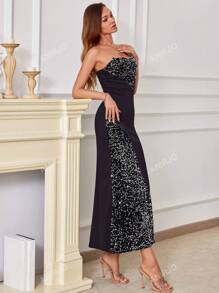 Vestido elegante de cóctel ajustado con lentejuelas y parches en malla sin tirantes para mujer, vestido formal de gala