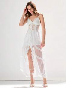Enchnt Dames zomer effen kleur gesplitst mesh kant split zoom lange elegante cami-jurk