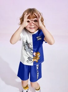 TOM & JERRY X SHEIN 男孩夏季休閒兩色調卡通和字母印花短袖T恤和短褲套裝 - 藍色 - 查看 5